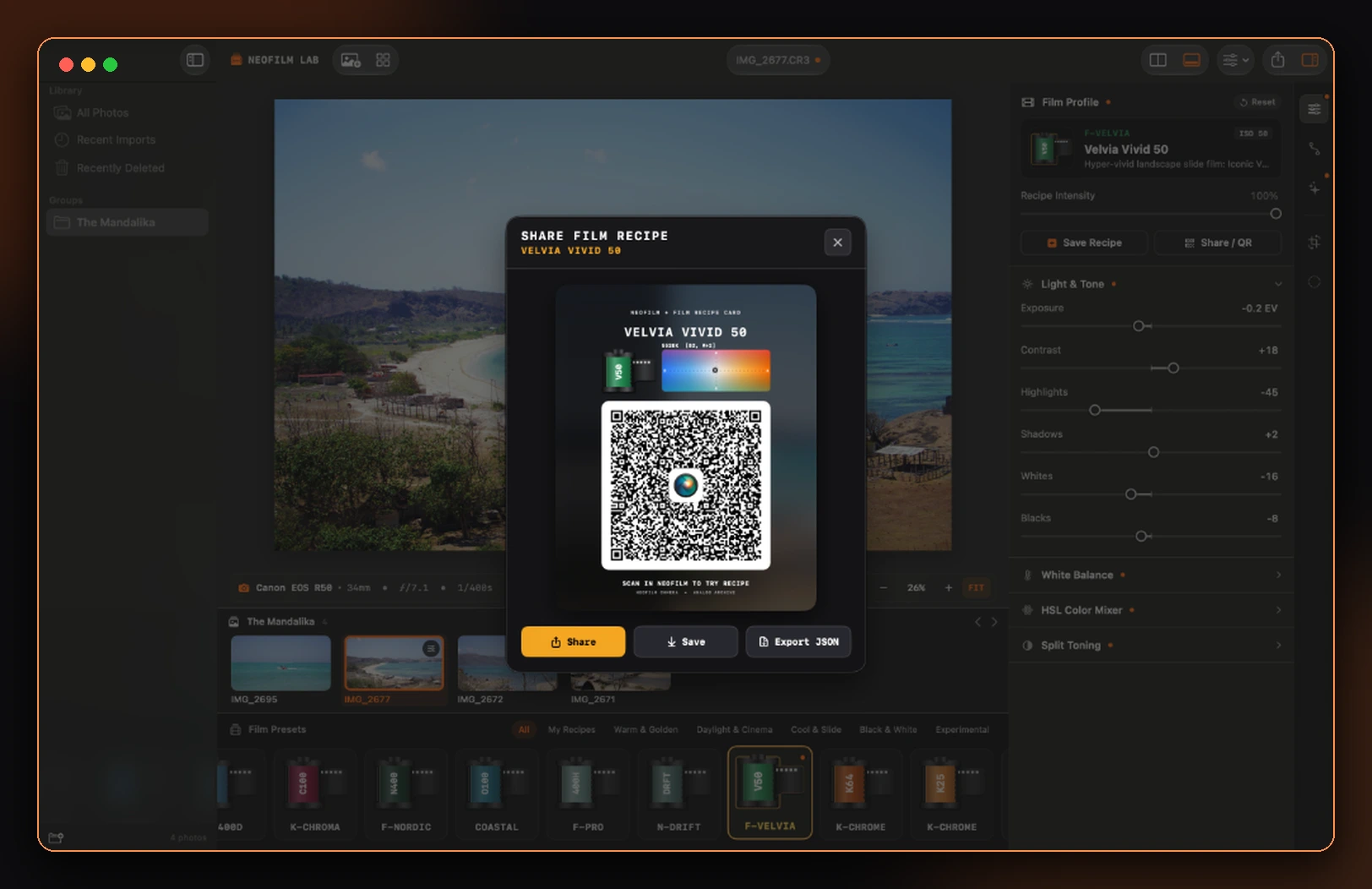 NeoFilm Lab Share Film Recipe modal displaying a scannable QR Recipe Card for Velvia Vivid 50