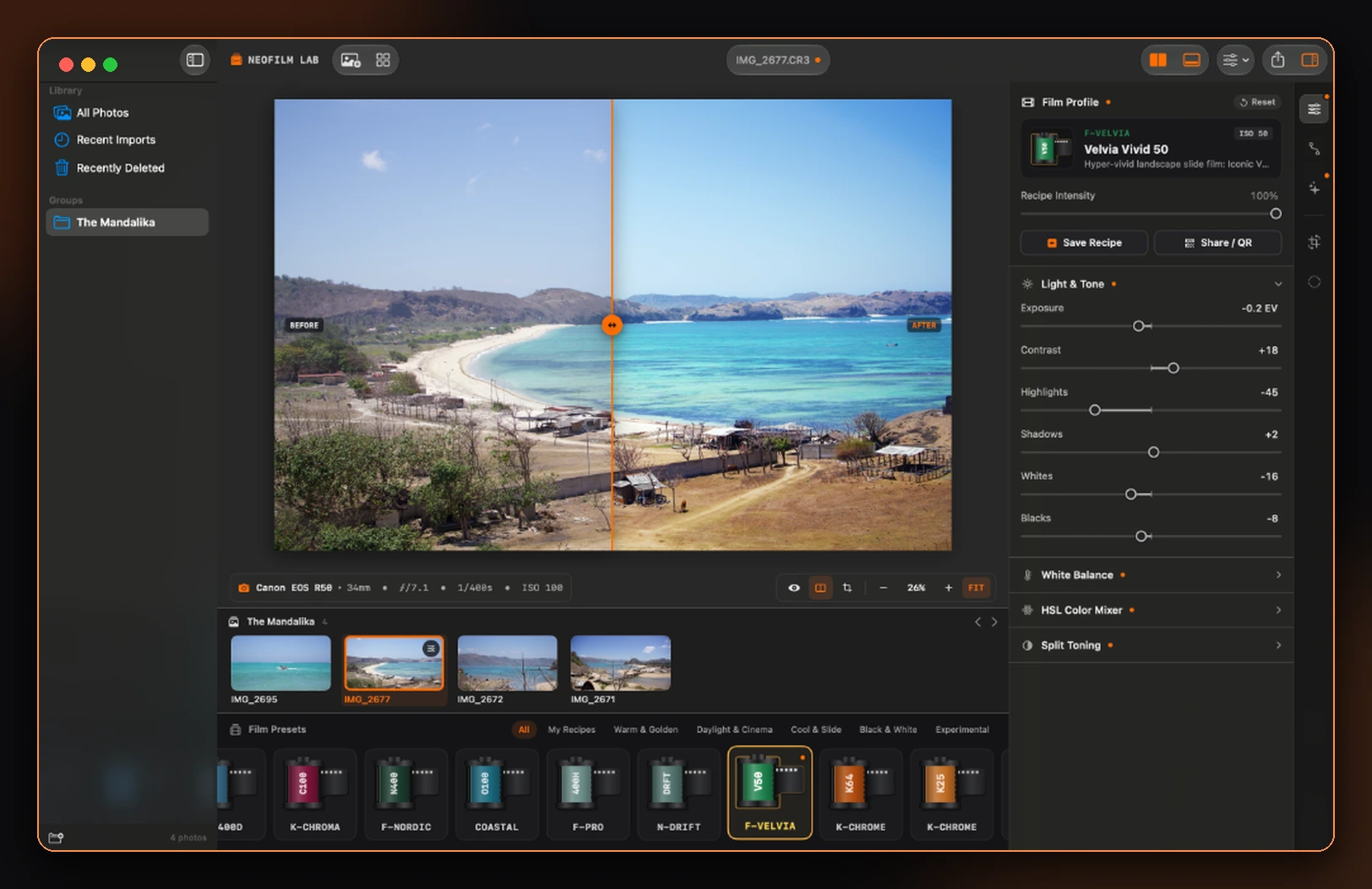 Interactive before and after split comparison in NeoFilm Lab showing Velvia Vivid 50 slide film on a coastal RAW photo