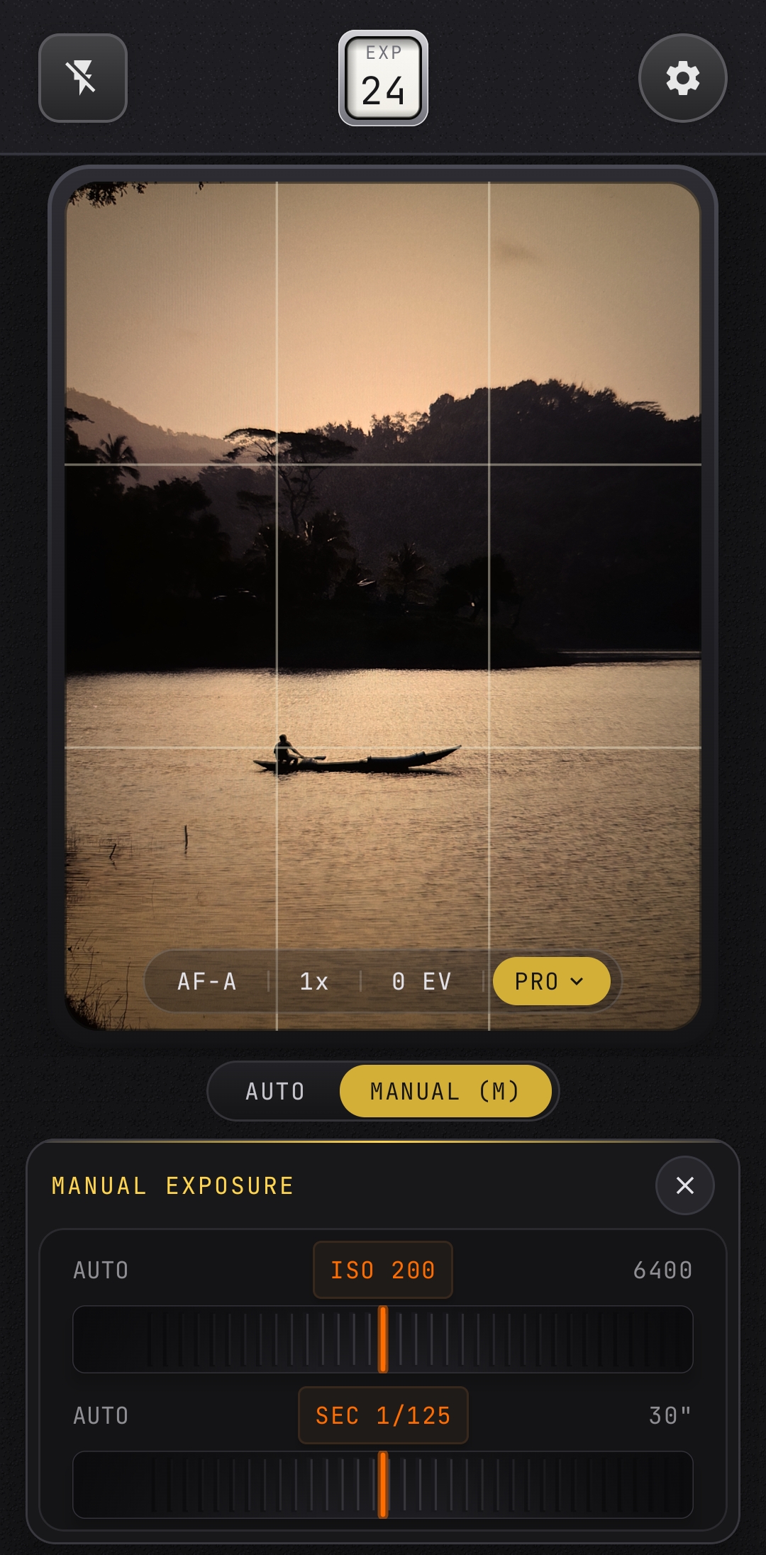 NeoFilm camera viewfinder showing live framing grid, exposure compensation dial, and film canister selector